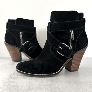 Dolce Vita Conary Suede Buckle Strap Stacked Heel Ankle Boots, Black 7.5